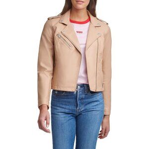 Women's The Classic Faux Leather Moto Jacket Zipper Long Sleeve Biscotti Beige